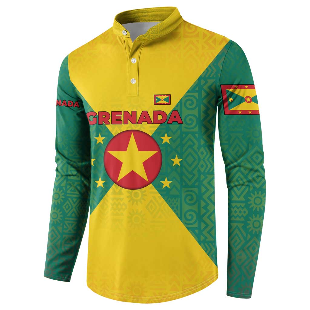 Grenada Coat of Arms Button Sweatshirt with Yellow Green Flag Colors and Tribal Pattern Design - Wonder Print Shop