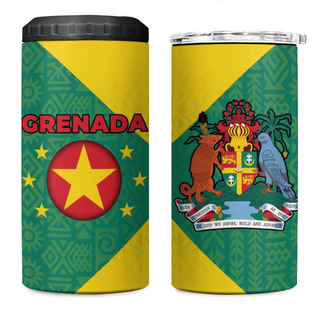 Grenada Coat of Arms 4 in 1 Can Cooler Tumbler with Yellow Green Flag Colors and Tribal Pattern Design - Wonder Print Shop