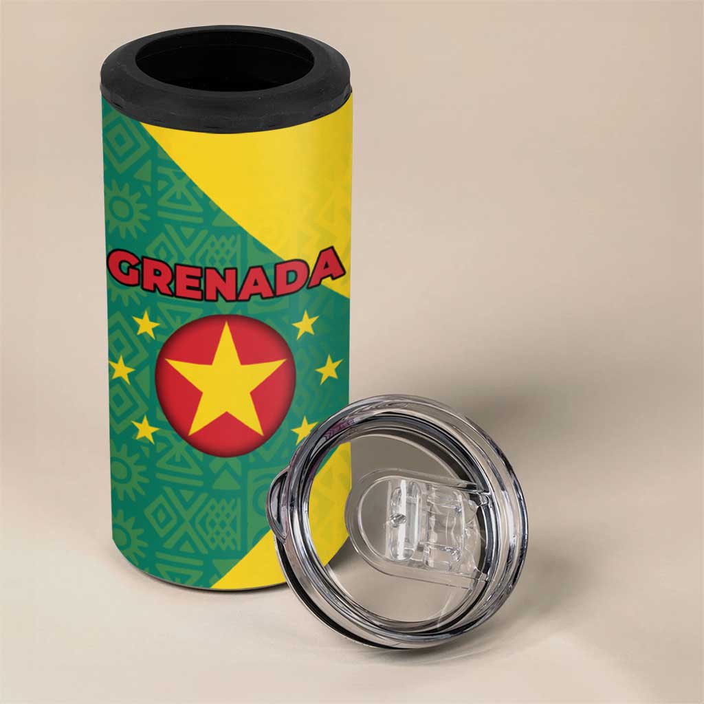 Grenada Coat of Arms 4 in 1 Can Cooler Tumbler with Yellow Green Flag Colors and Tribal Pattern Design - Wonder Print Shop