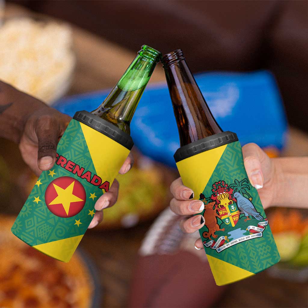 Grenada Coat of Arms 4 in 1 Can Cooler Tumbler with Yellow Green Flag Colors and Tribal Pattern Design - Wonder Print Shop