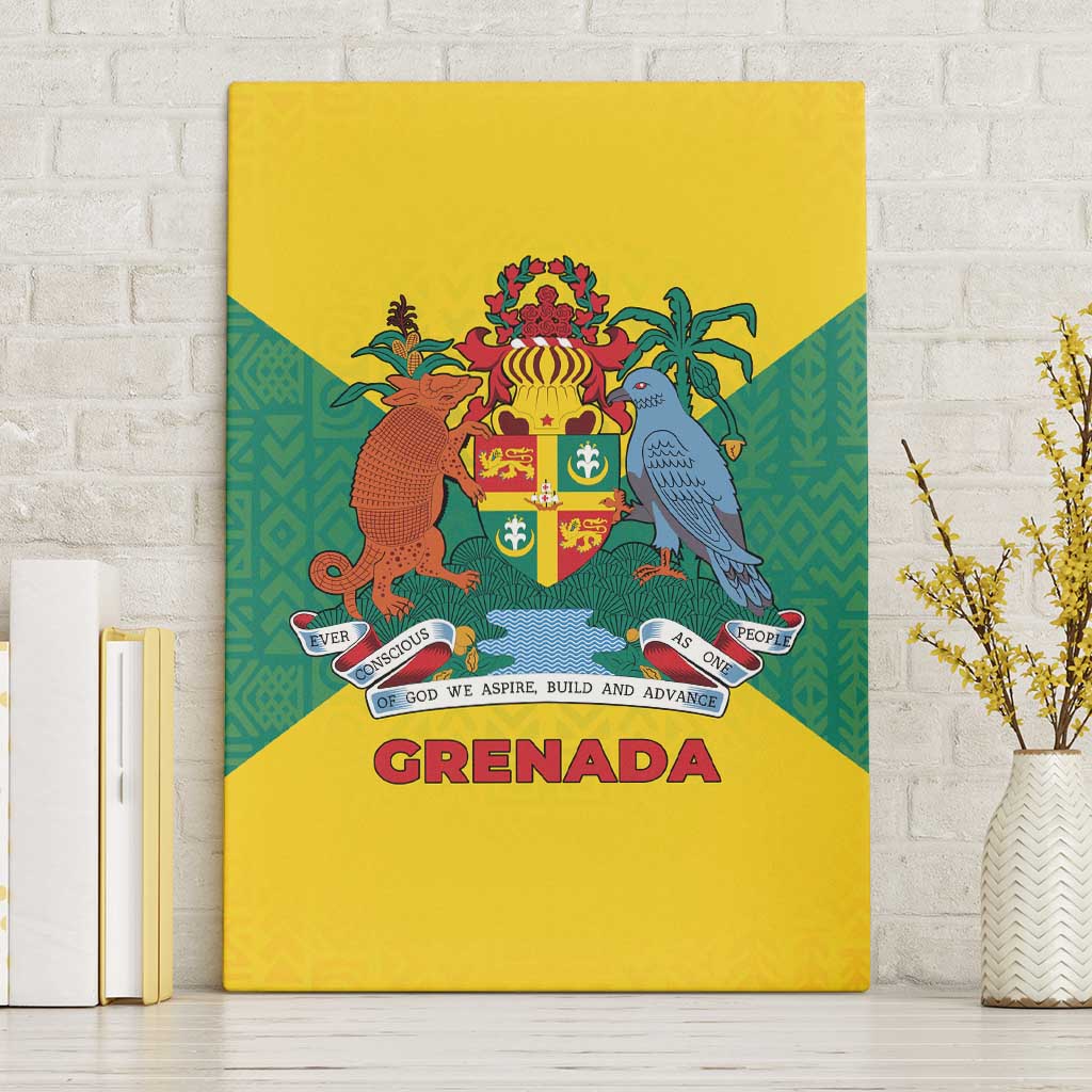 Grenada Coat of Arms Canvas Wall Art with Yellow Green Flag Colors and Tribal Pattern Design - Wonder Print Shop