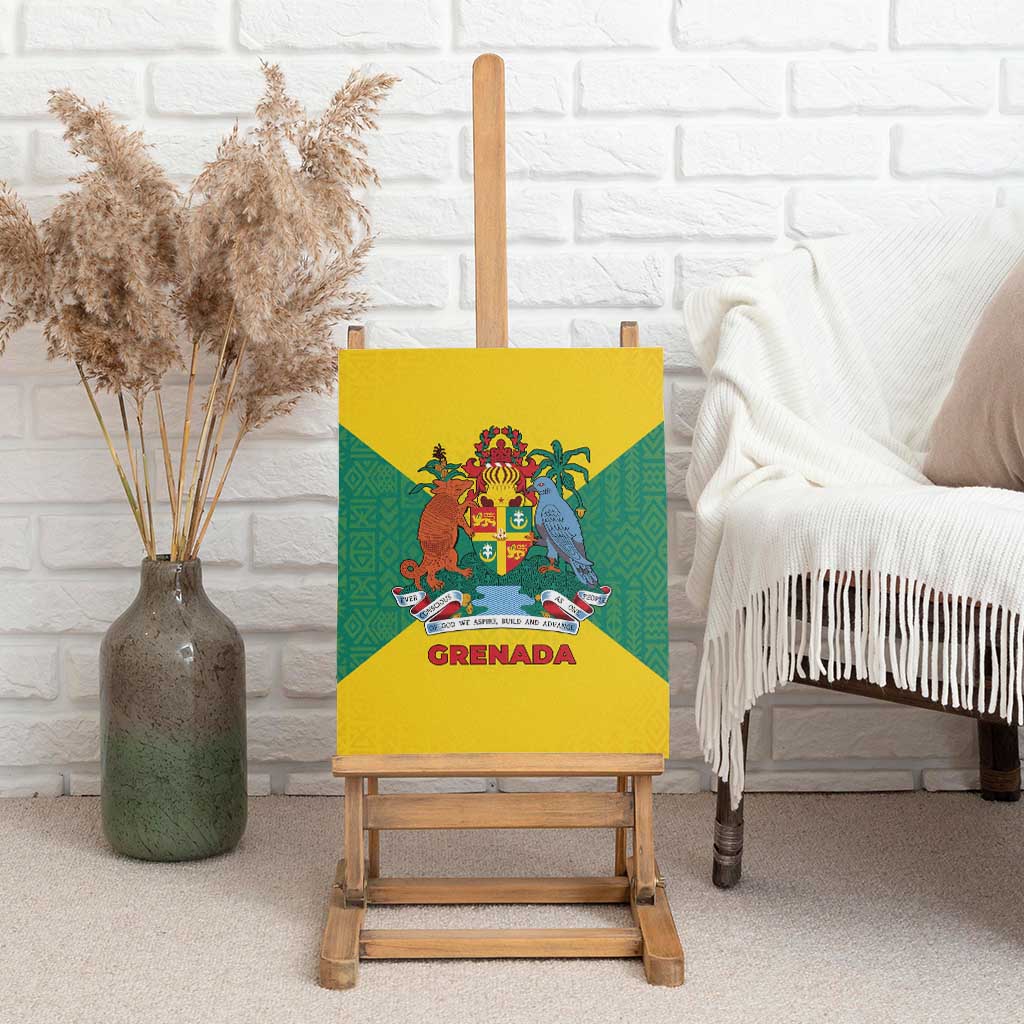 Grenada Coat of Arms Canvas Wall Art with Yellow Green Flag Colors and Tribal Pattern Design - Wonder Print Shop