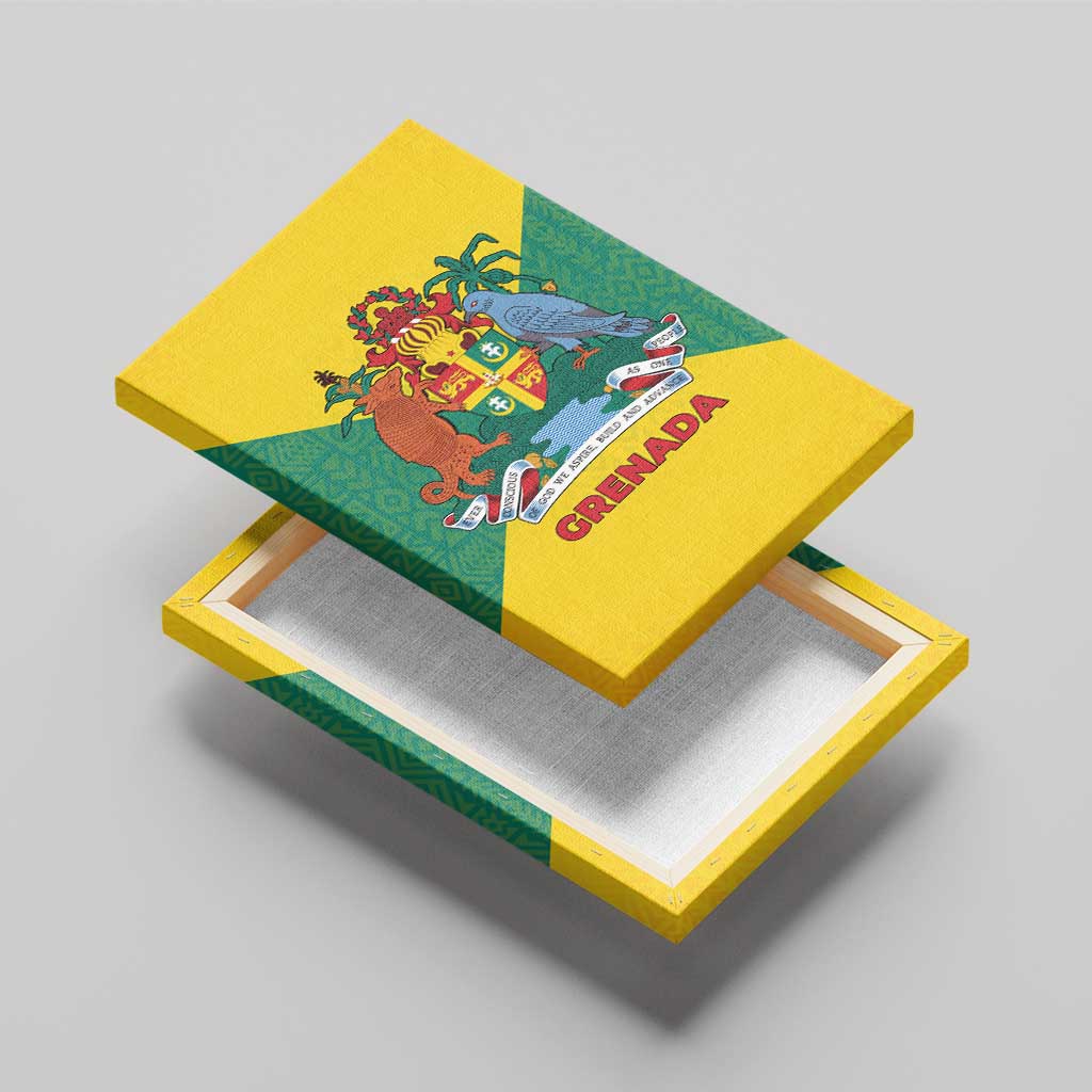 Grenada Coat of Arms Canvas Wall Art with Yellow Green Flag Colors and Tribal Pattern Design - Wonder Print Shop