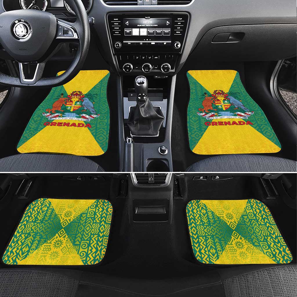 Grenada Coat of Arms Car Mats with Yellow Green Flag Colors and Tribal Pattern Design - Wonder Print Shop