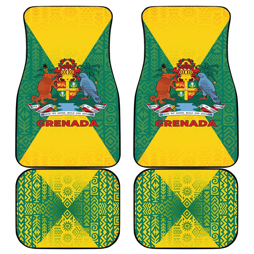 Grenada Coat of Arms Car Mats with Yellow Green Flag Colors and Tribal Pattern Design - Wonder Print Shop