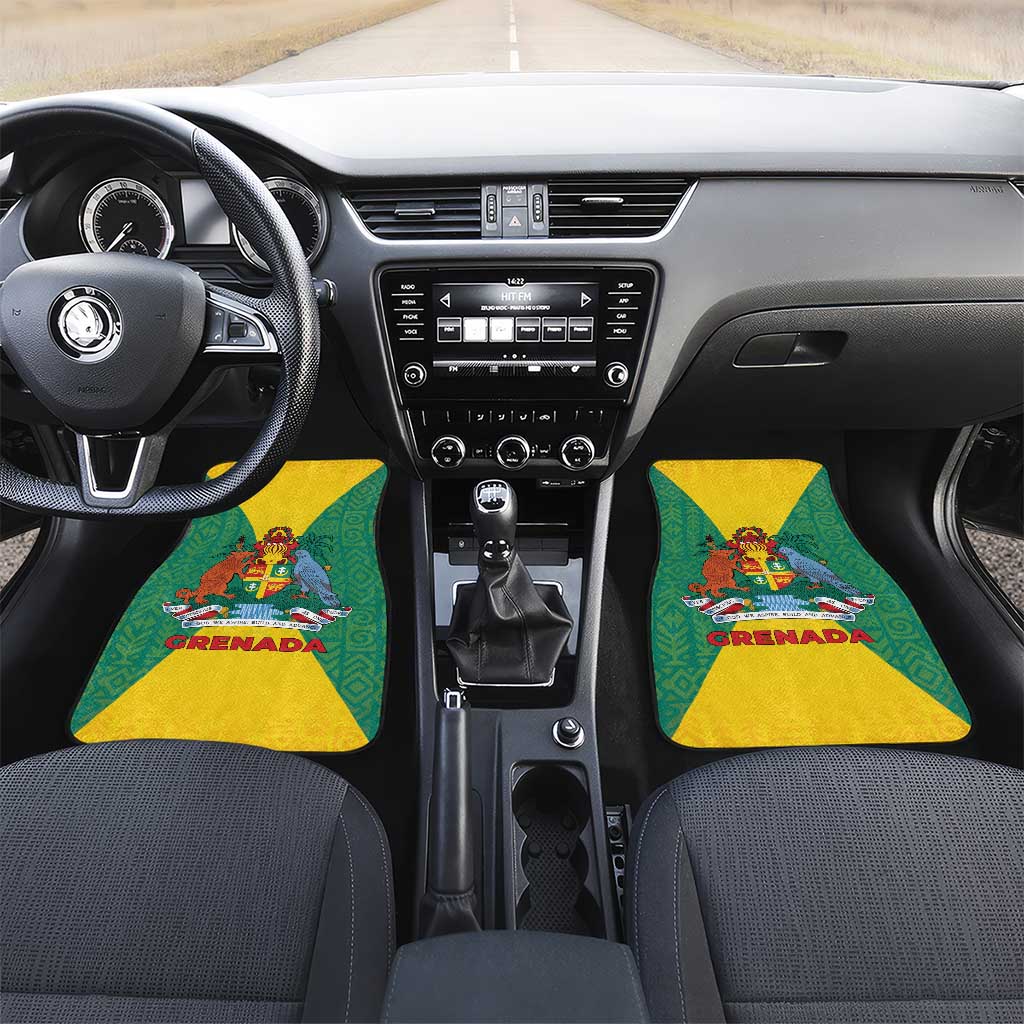 Grenada Coat of Arms Car Mats with Yellow Green Flag Colors and Tribal Pattern Design - Wonder Print Shop