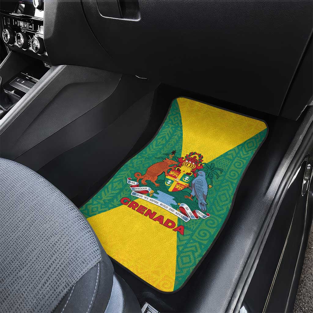 Grenada Coat of Arms Car Mats with Yellow Green Flag Colors and Tribal Pattern Design - Wonder Print Shop