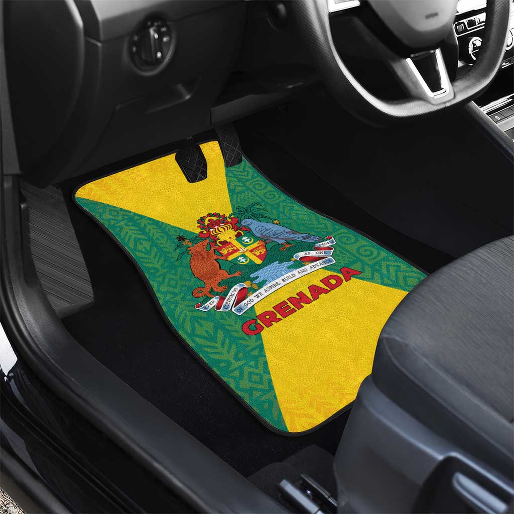 Grenada Coat of Arms Car Mats with Yellow Green Flag Colors and Tribal Pattern Design - Wonder Print Shop