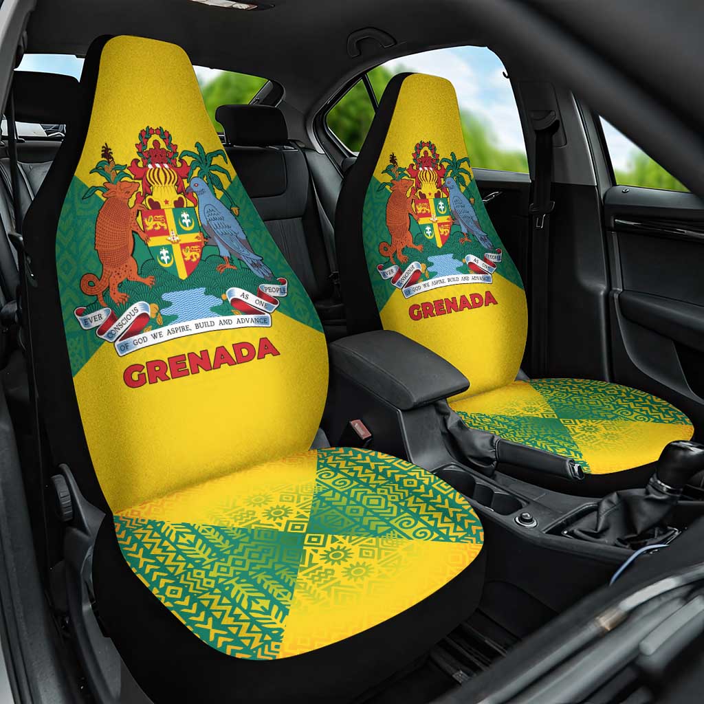 Grenada Coat of Arms Car Seat Cover with Yellow Green Flag Colors and Tribal Pattern Design - Wonder Print Shop
