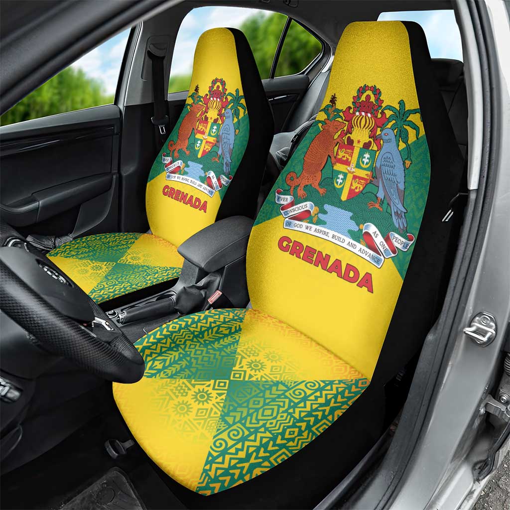 Grenada Coat of Arms Car Seat Cover with Yellow Green Flag Colors and Tribal Pattern Design - Wonder Print Shop
