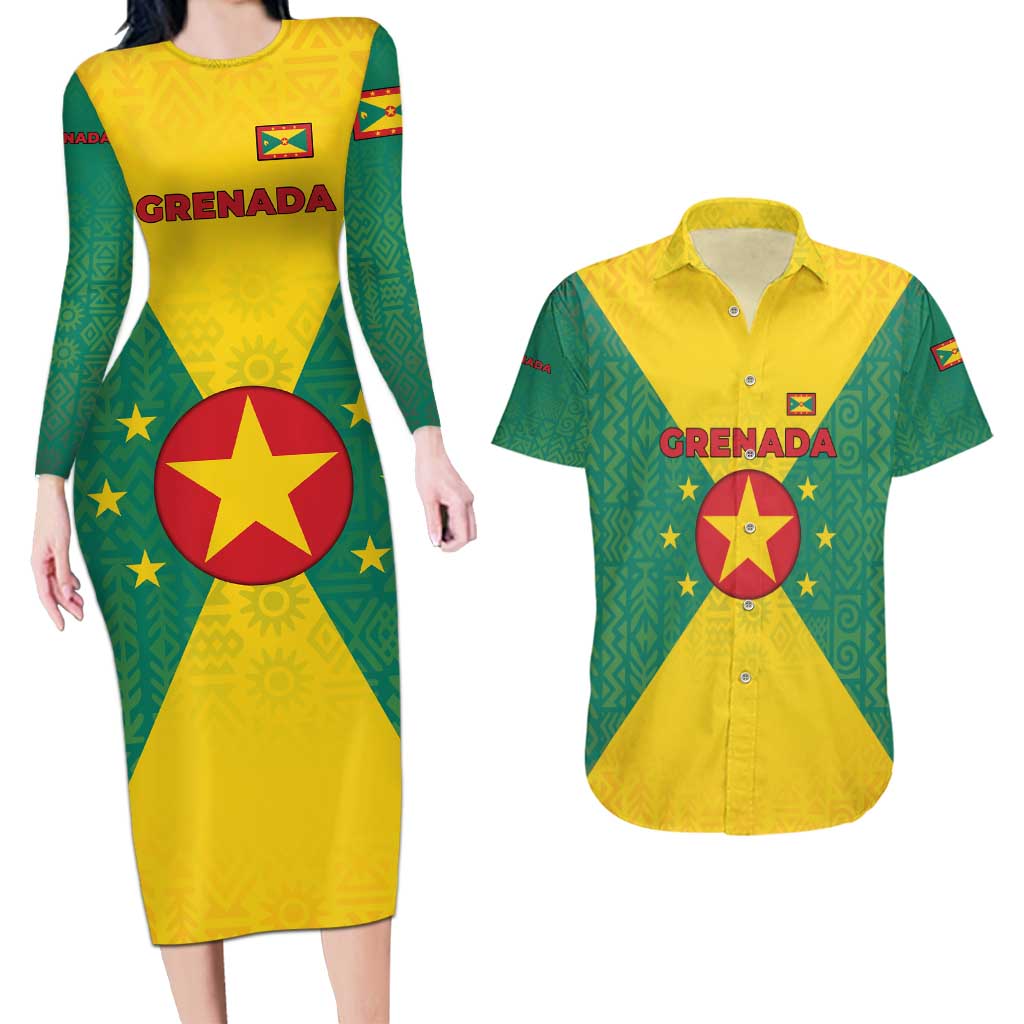 Grenada Coat of Arms Couples Matching Long Sleeve Bodycon Dress and Hawaiian Shirt with Yellow Green Flag Colors and Tribal Pattern Design - Wonder Print Shop