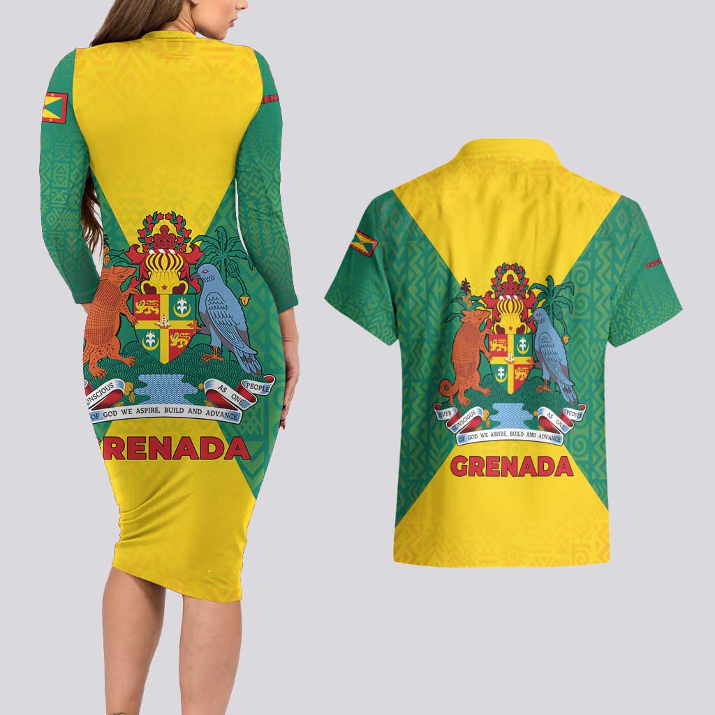 Grenada Coat of Arms Couples Matching Long Sleeve Bodycon Dress and Hawaiian Shirt with Yellow Green Flag Colors and Tribal Pattern Design - Wonder Print Shop