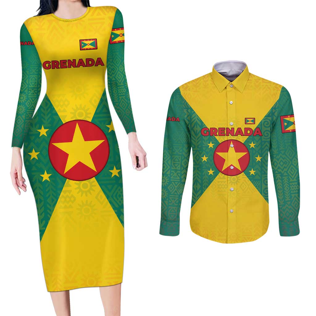 Grenada Coat of Arms Couples Matching Long Sleeve Bodycon Dress and Long Sleeve Button Shirt with Yellow Green Flag Colors and Tribal Pattern Design - Wonder Print Shop