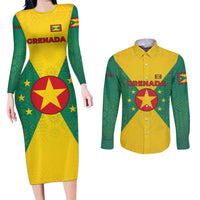 Grenada Coat of Arms Couples Matching Long Sleeve Bodycon Dress and Long Sleeve Button Shirt with Yellow Green Flag Colors and Tribal Pattern Design - Wonder Print Shop