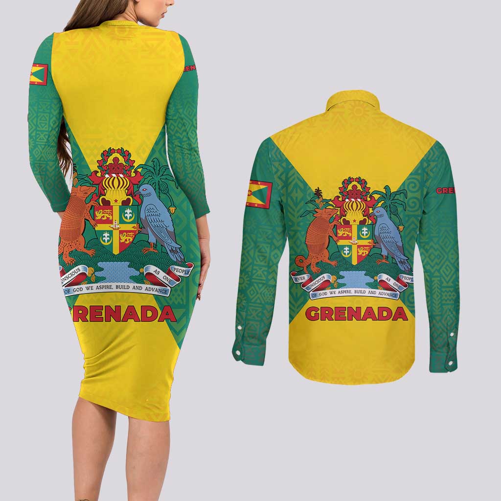 Grenada Coat of Arms Couples Matching Long Sleeve Bodycon Dress and Long Sleeve Button Shirt with Yellow Green Flag Colors and Tribal Pattern Design - Wonder Print Shop