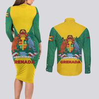 Grenada Coat of Arms Couples Matching Long Sleeve Bodycon Dress and Long Sleeve Button Shirt with Yellow Green Flag Colors and Tribal Pattern Design - Wonder Print Shop