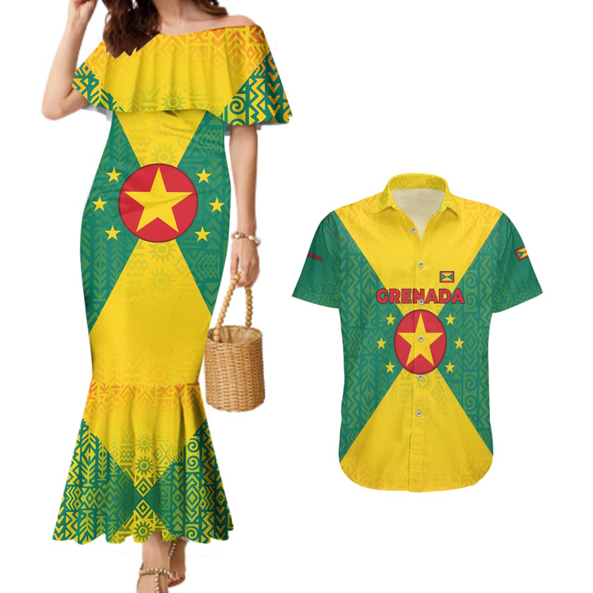 Grenada Coat of Arms Couples Matching Mermaid Dress and Hawaiian Shirt with Yellow Green Flag Colors and Tribal Pattern Design - Wonder Print Shop