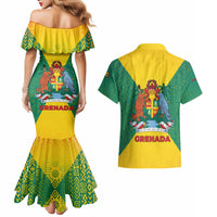 Grenada Coat of Arms Couples Matching Mermaid Dress and Hawaiian Shirt with Yellow Green Flag Colors and Tribal Pattern Design - Wonder Print Shop