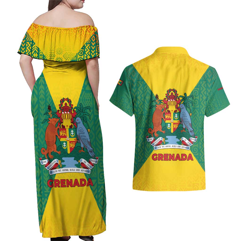 Grenada Coat of Arms Couples Matching Off Shoulder Maxi Dress and Hawaiian Shirt with Yellow Green Flag Colors and Tribal Pattern Design - Wonder Print Shop
