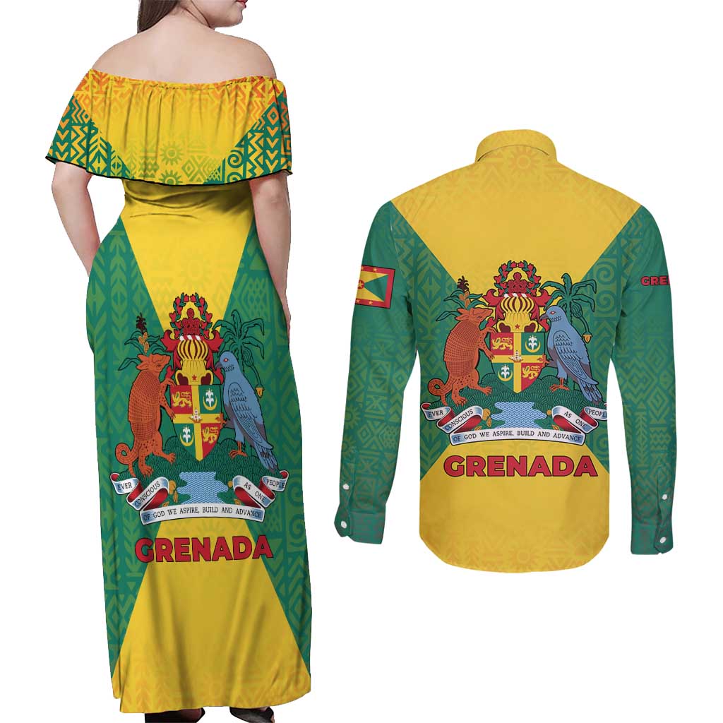 Grenada Coat of Arms Couples Matching Off Shoulder Maxi Dress and Long Sleeve Button Shirt with Yellow Green Flag Colors and Tribal Pattern Design - Wonder Print Shop