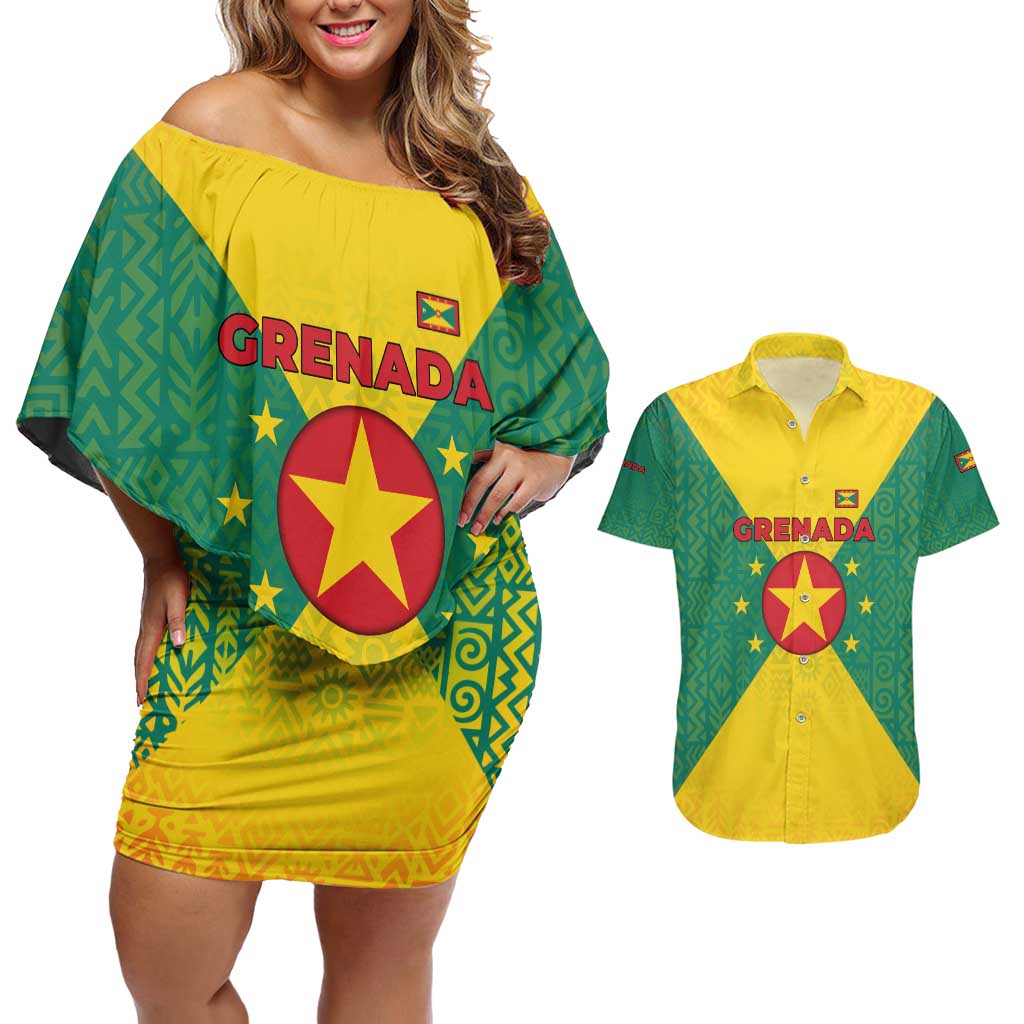 Grenada Coat of Arms Couples Matching Off Shoulder Short Dress and Hawaiian Shirt with Yellow Green Flag Colors and Tribal Pattern Design - Wonder Print Shop