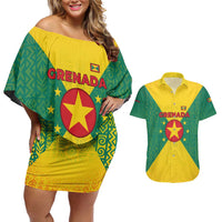 Grenada Coat of Arms Couples Matching Off Shoulder Short Dress and Hawaiian Shirt with Yellow Green Flag Colors and Tribal Pattern Design - Wonder Print Shop