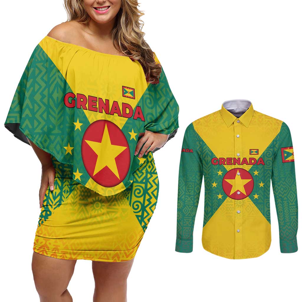 Grenada Coat of Arms Couples Matching Off Shoulder Short Dress and Long Sleeve Button Shirt with Yellow Green Flag Colors and Tribal Pattern Design - Wonder Print Shop