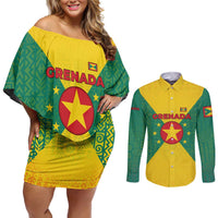Grenada Coat of Arms Couples Matching Off Shoulder Short Dress and Long Sleeve Button Shirt with Yellow Green Flag Colors and Tribal Pattern Design - Wonder Print Shop