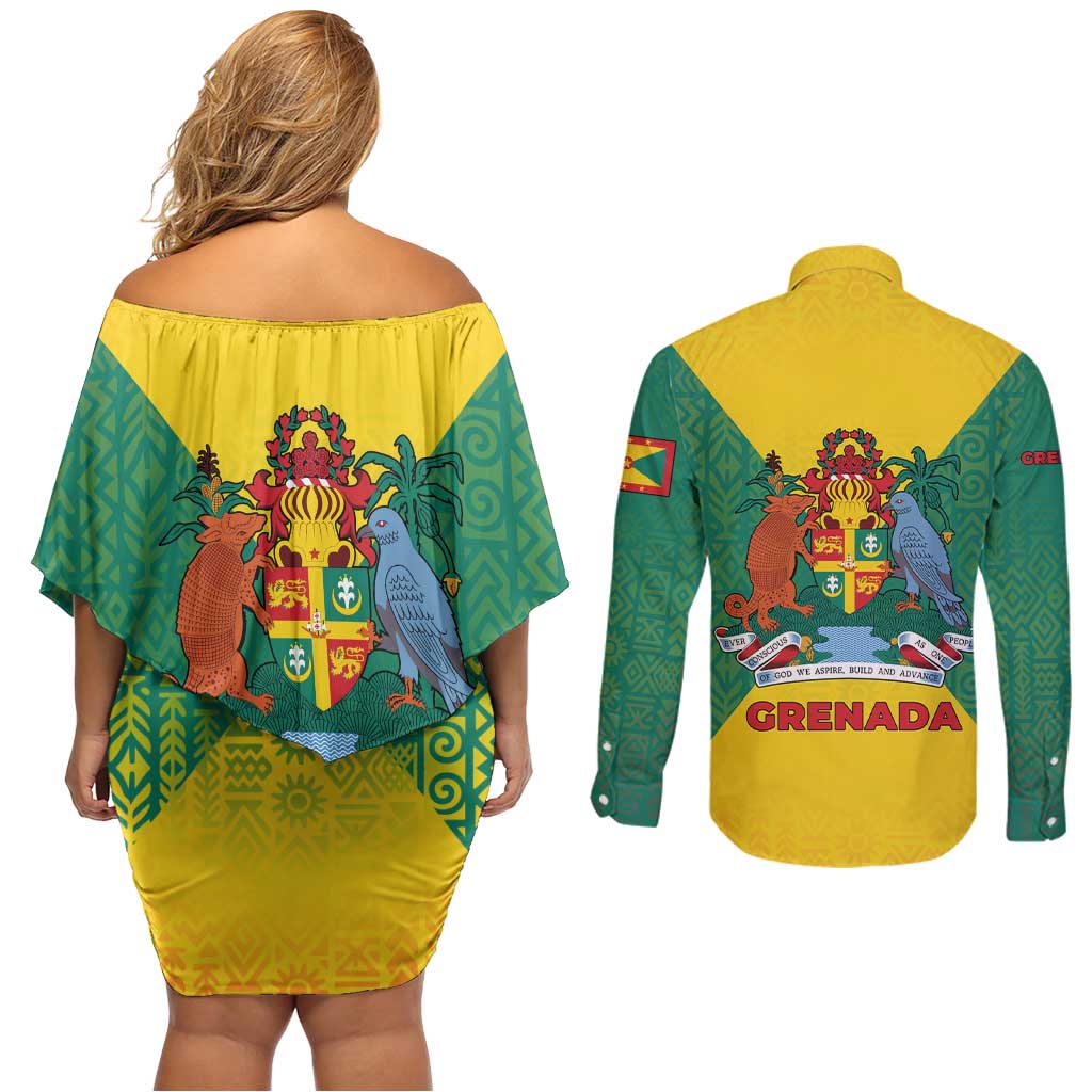 Grenada Coat of Arms Couples Matching Off Shoulder Short Dress and Long Sleeve Button Shirt with Yellow Green Flag Colors and Tribal Pattern Design - Wonder Print Shop