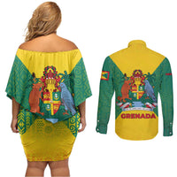 Grenada Coat of Arms Couples Matching Off Shoulder Short Dress and Long Sleeve Button Shirt with Yellow Green Flag Colors and Tribal Pattern Design - Wonder Print Shop
