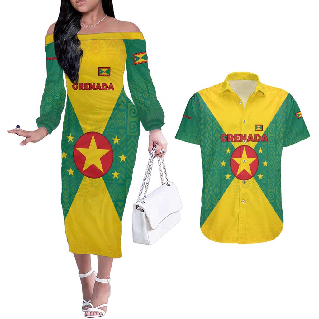 Grenada Coat of Arms Couples Matching Off The Shoulder Long Sleeve Dress and Hawaiian Shirt with Yellow Green Flag Colors and Tribal Pattern Design - Wonder Print Shop