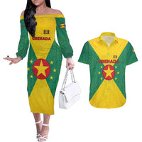 Grenada Coat of Arms Couples Matching Off The Shoulder Long Sleeve Dress and Hawaiian Shirt with Yellow Green Flag Colors and Tribal Pattern Design - Wonder Print Shop