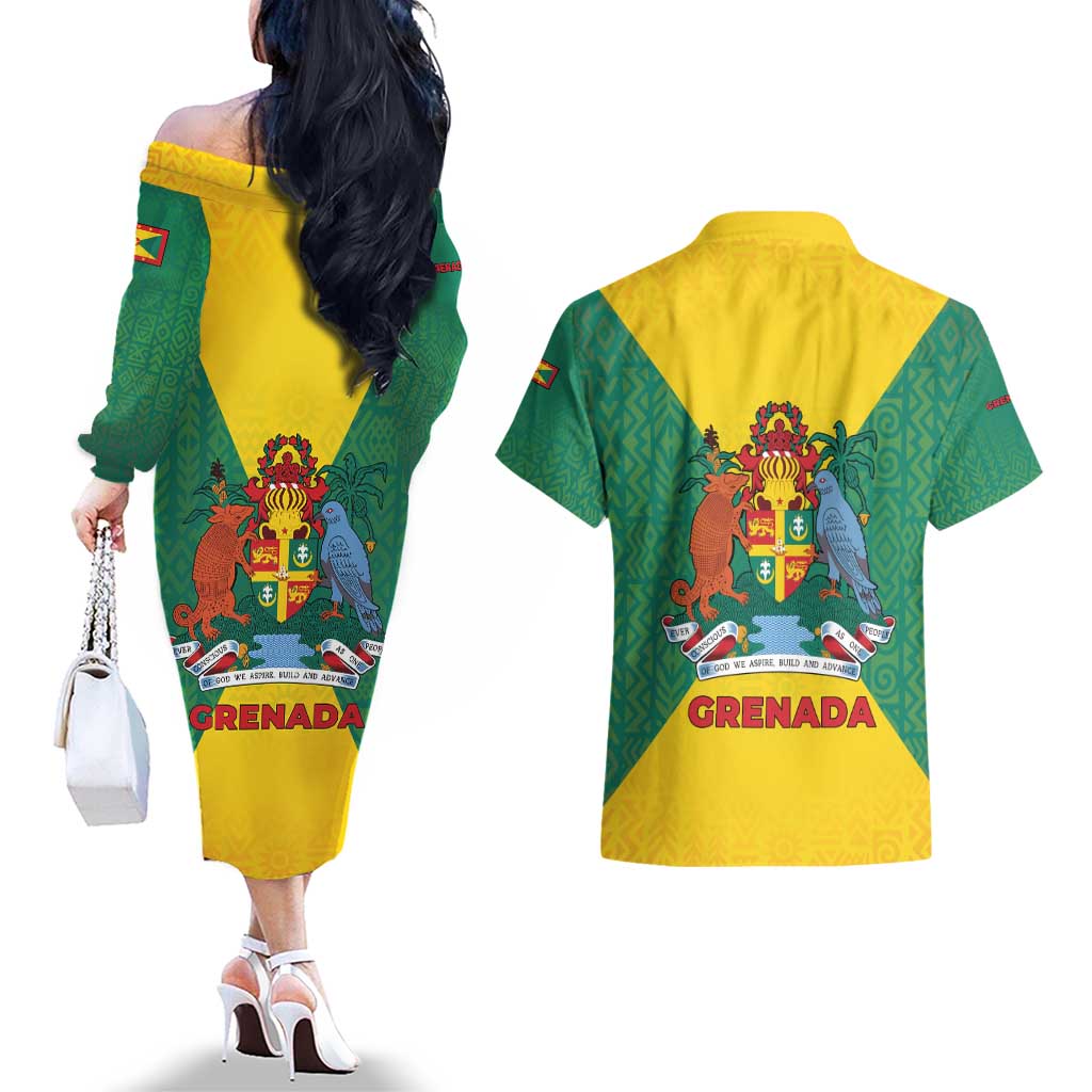 Grenada Coat of Arms Couples Matching Off The Shoulder Long Sleeve Dress and Hawaiian Shirt with Yellow Green Flag Colors and Tribal Pattern Design - Wonder Print Shop