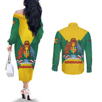Grenada Coat of Arms Couples Matching Off The Shoulder Long Sleeve Dress and Long Sleeve Button Shirt with Yellow Green Flag Colors and Tribal Pattern Design - Wonder Print Shop