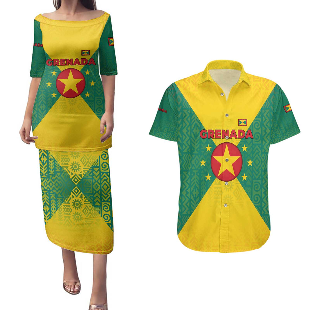 Grenada Coat of Arms Couples Matching Puletasi and Hawaiian Shirt with Yellow Green Flag Colors and Tribal Pattern Design - Wonder Print Shop