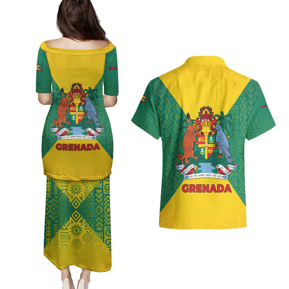 Grenada Coat of Arms Couples Matching Puletasi and Hawaiian Shirt with Yellow Green Flag Colors and Tribal Pattern Design - Wonder Print Shop