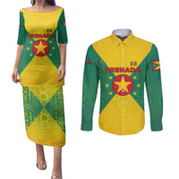 Grenada Coat of Arms Couples Matching Puletasi and Long Sleeve Button Shirt with Yellow Green Flag Colors and Tribal Pattern Design - Wonder Print Shop