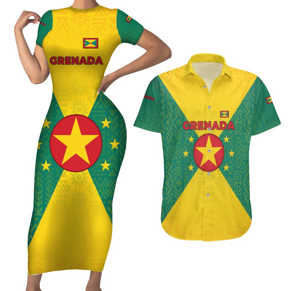 Grenada Coat of Arms Couples Matching Short Sleeve Bodycon Dress and Hawaiian Shirt with Yellow Green Flag Colors and Tribal Pattern Design - Wonder Print Shop
