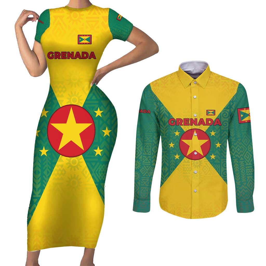 Grenada Coat of Arms Couples Matching Short Sleeve Bodycon Dress and Long Sleeve Button Shirt with Yellow Green Flag Colors and Tribal Pattern Design - Wonder Print Shop