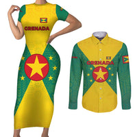 Grenada Coat of Arms Couples Matching Short Sleeve Bodycon Dress and Long Sleeve Button Shirt with Yellow Green Flag Colors and Tribal Pattern Design - Wonder Print Shop