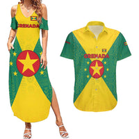 Grenada Coat of Arms Couples Matching Summer Maxi Dress and Hawaiian Shirt with Yellow Green Flag Colors and Tribal Pattern Design - Wonder Print Shop