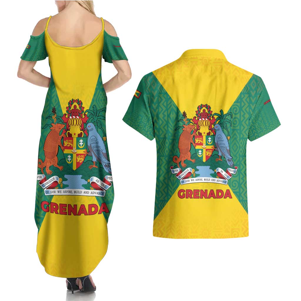 Grenada Coat of Arms Couples Matching Summer Maxi Dress and Hawaiian Shirt with Yellow Green Flag Colors and Tribal Pattern Design - Wonder Print Shop