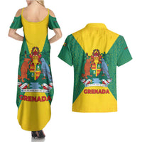 Grenada Coat of Arms Couples Matching Summer Maxi Dress and Hawaiian Shirt with Yellow Green Flag Colors and Tribal Pattern Design - Wonder Print Shop