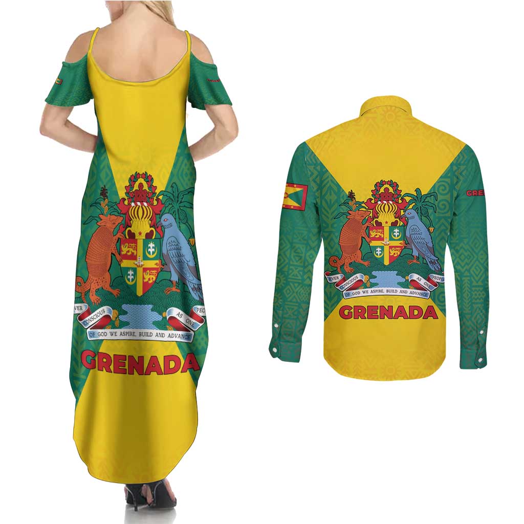 Grenada Coat of Arms Couples Matching Summer Maxi Dress and Long Sleeve Button Shirt with Yellow Green Flag Colors and Tribal Pattern Design - Wonder Print Shop