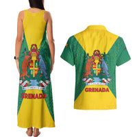 Grenada Coat of Arms Couples Matching Tank Maxi Dress and Hawaiian Shirt with Yellow Green Flag Colors and Tribal Pattern Design - Wonder Print Shop