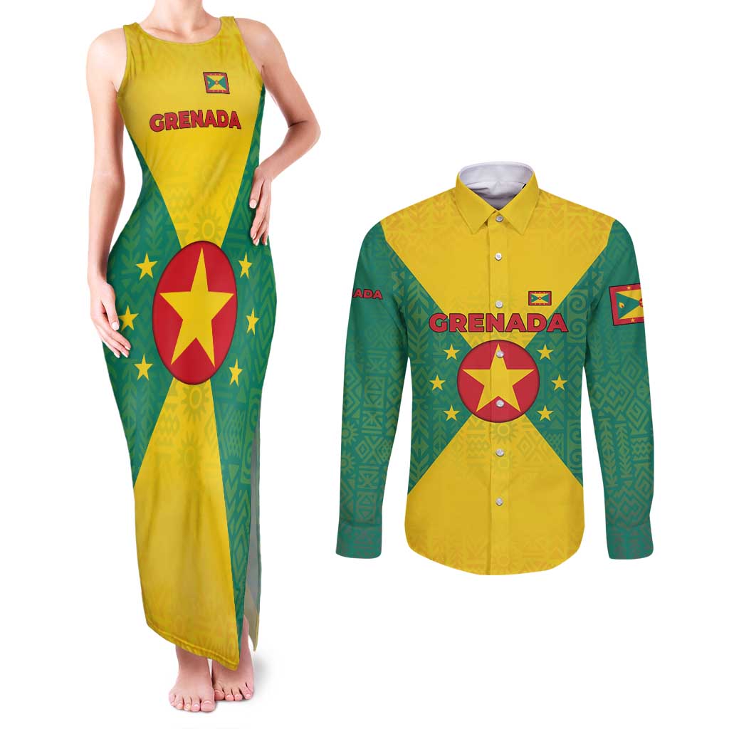 Grenada Coat of Arms Couples Matching Tank Maxi Dress and Long Sleeve Button Shirt with Yellow Green Flag Colors and Tribal Pattern Design - Wonder Print Shop