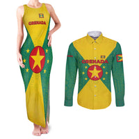 Grenada Coat of Arms Couples Matching Tank Maxi Dress and Long Sleeve Button Shirt with Yellow Green Flag Colors and Tribal Pattern Design - Wonder Print Shop