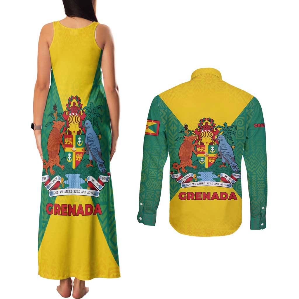 Grenada Coat of Arms Couples Matching Tank Maxi Dress and Long Sleeve Button Shirt with Yellow Green Flag Colors and Tribal Pattern Design - Wonder Print Shop