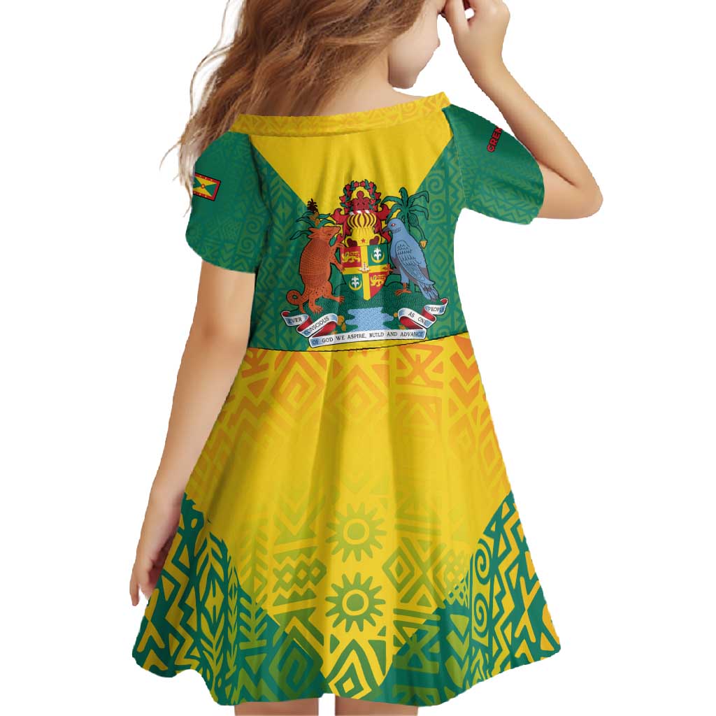 Grenada Coat of Arms Family Matching Long Sleeve Bodycon Dress and Hawaiian Shirt with Yellow Green Flag Colors and Tribal Pattern Design - Wonder Print Shop