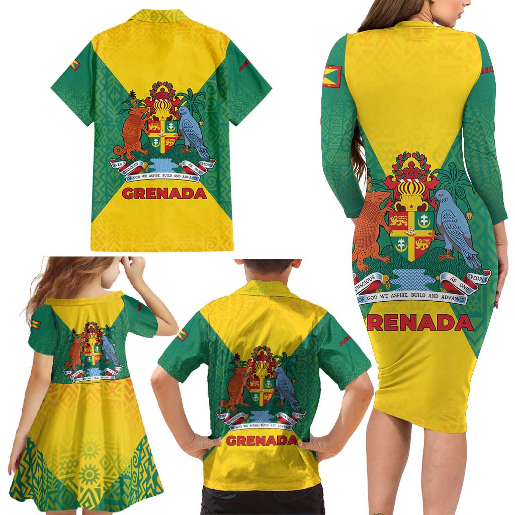 Grenada Coat of Arms Family Matching Long Sleeve Bodycon Dress and Hawaiian Shirt with Yellow Green Flag Colors and Tribal Pattern Design - Wonder Print Shop